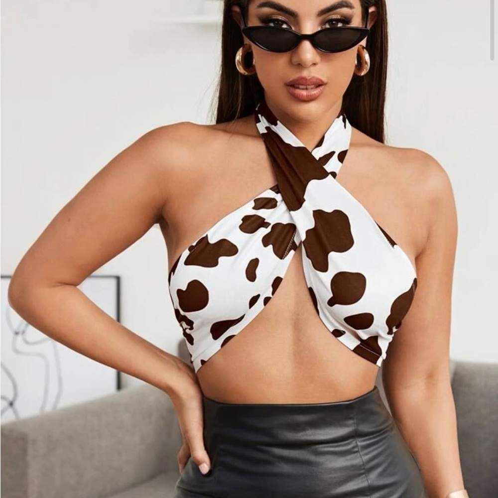 Tied Backless Cow Print Crisscross Halter Top